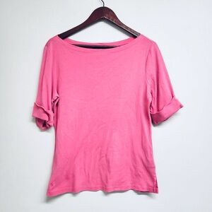 LAUREN RALPH LAUREN Casual Pink Short Cuffed Sleeve Women's Boatneck Top